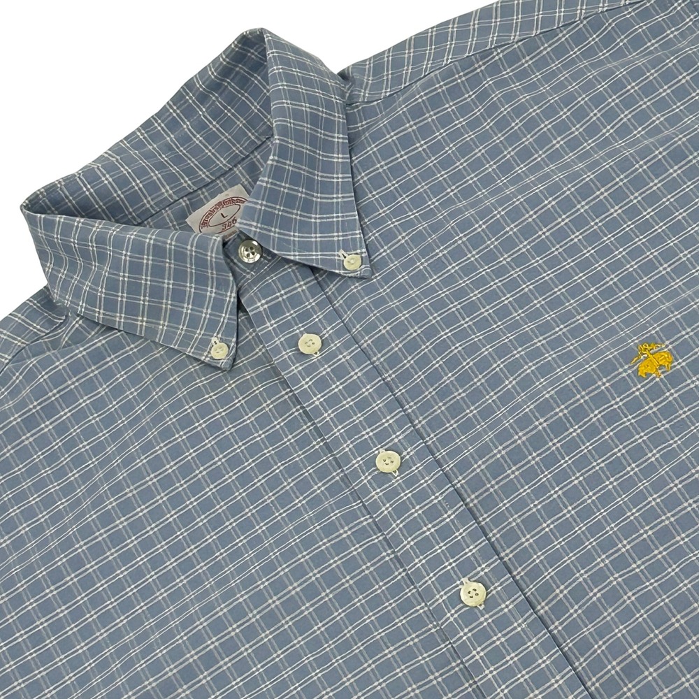 Brooks Brothers 346 Shirt Men L Blue White Grid Supima Cotton Golden Fleece Logo